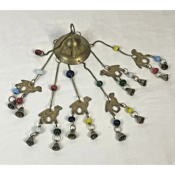 Vintage Dome Hanging Wind Chime Brass Camel Beaded Accents Bohemian Style Decor - Picture 9 of 10